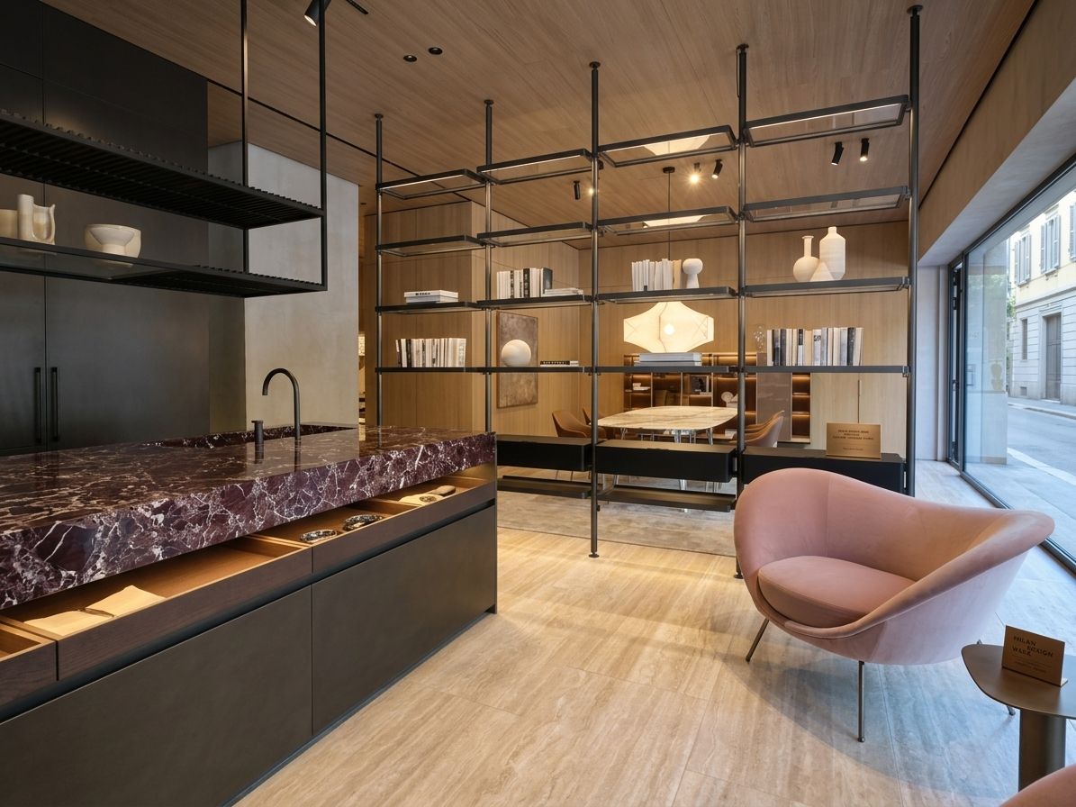 Showroom Molteni&C — Milan Design Week 2026, zonage de l'espace par le mobilier