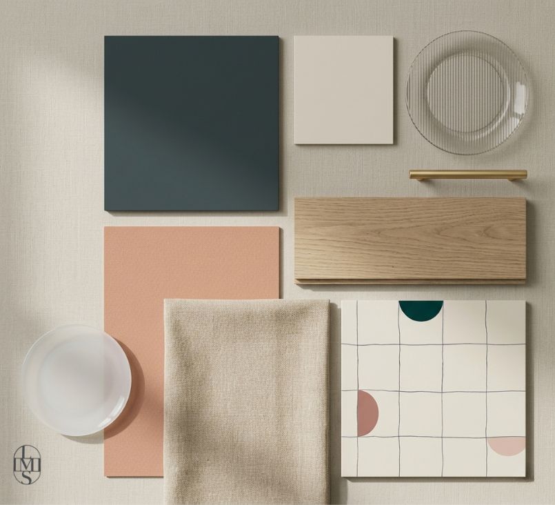 Interlude Chromatique — palette matières, chêne naturel, textile neutre, fonds clairs