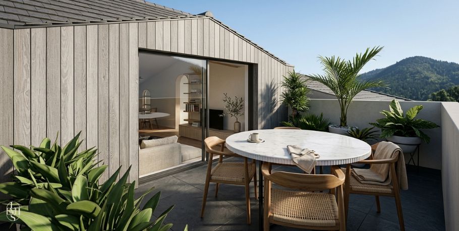 Terrasse de toit — accès par le meuble-banquette, vue sur la campagne savoyarde