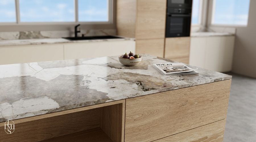 Viuz RDC Haut — Dekton Khalo, détail plan de travail et crédence